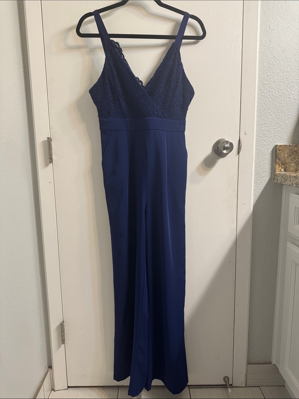 Francesca's Collections Navy Blue Lace Jumpsuit